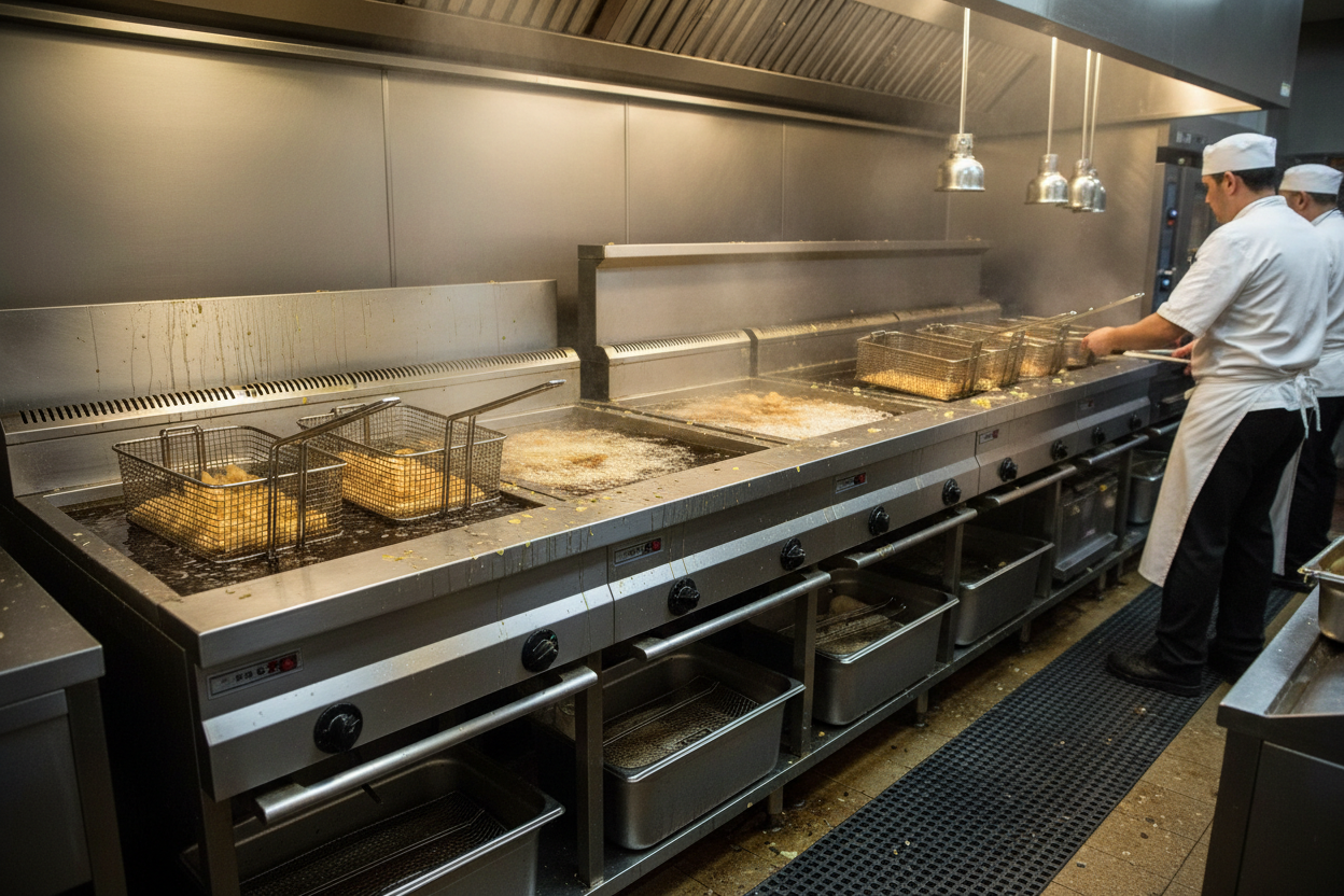 restaurant's frying section in oil and grease